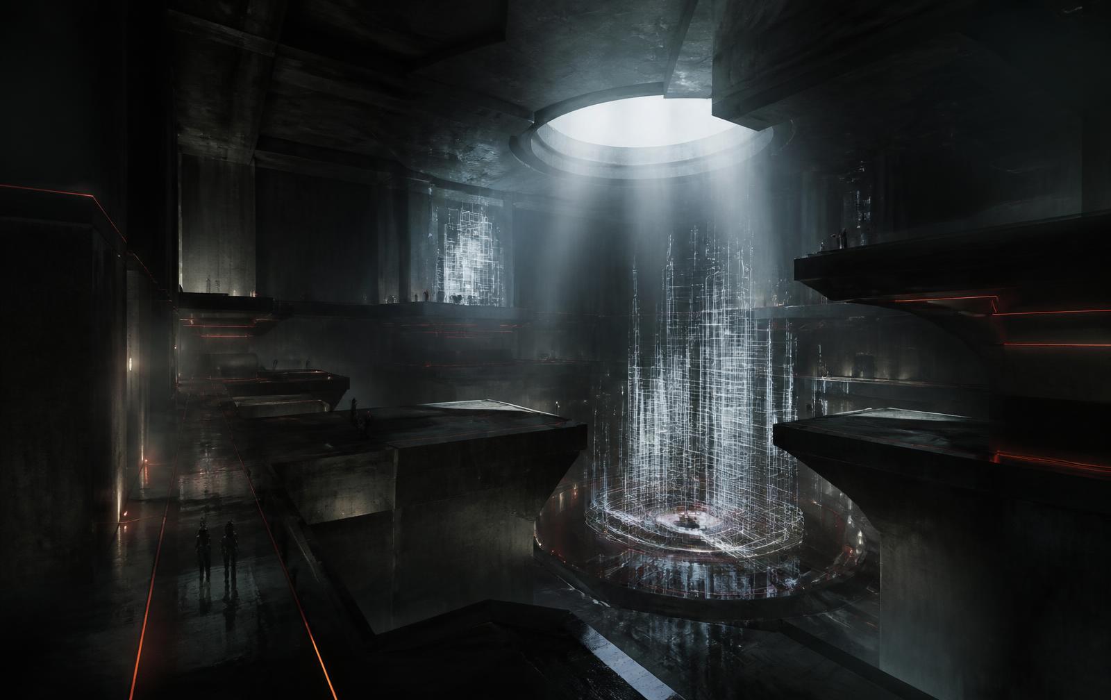 A near-future underground build lab: brutalist concrete hall with holographic wireframe structures under a shaft of light